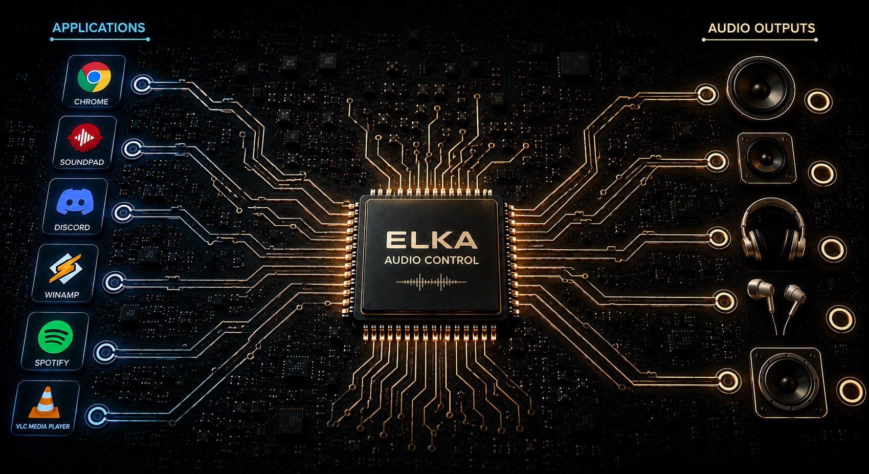 Official Elka Audio Control artwork with applications connected through a central audio chip to speakers and headphones.