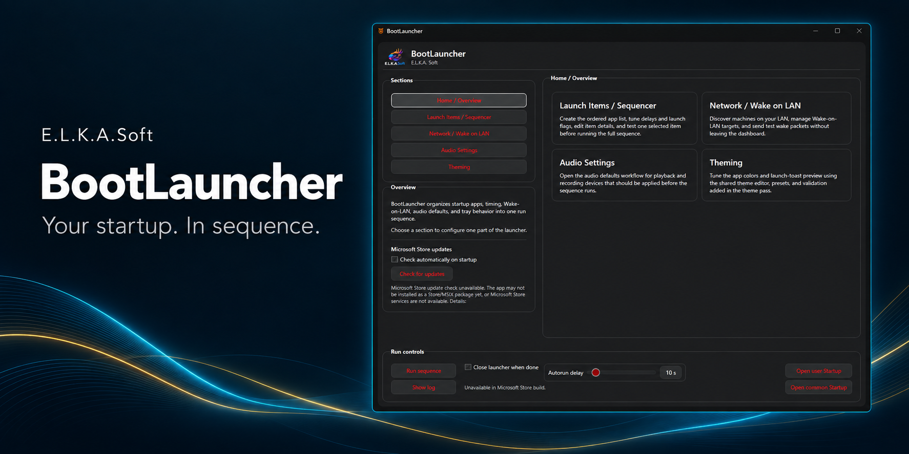 Elka BootLauncher overview, showing its actual Windows interface in a dark wave-themed presentation.