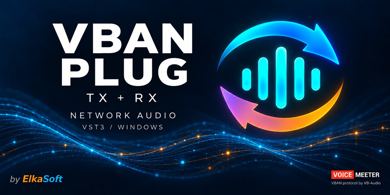 VBAN Plug TX and RX with flowing blue and gold audio waves.